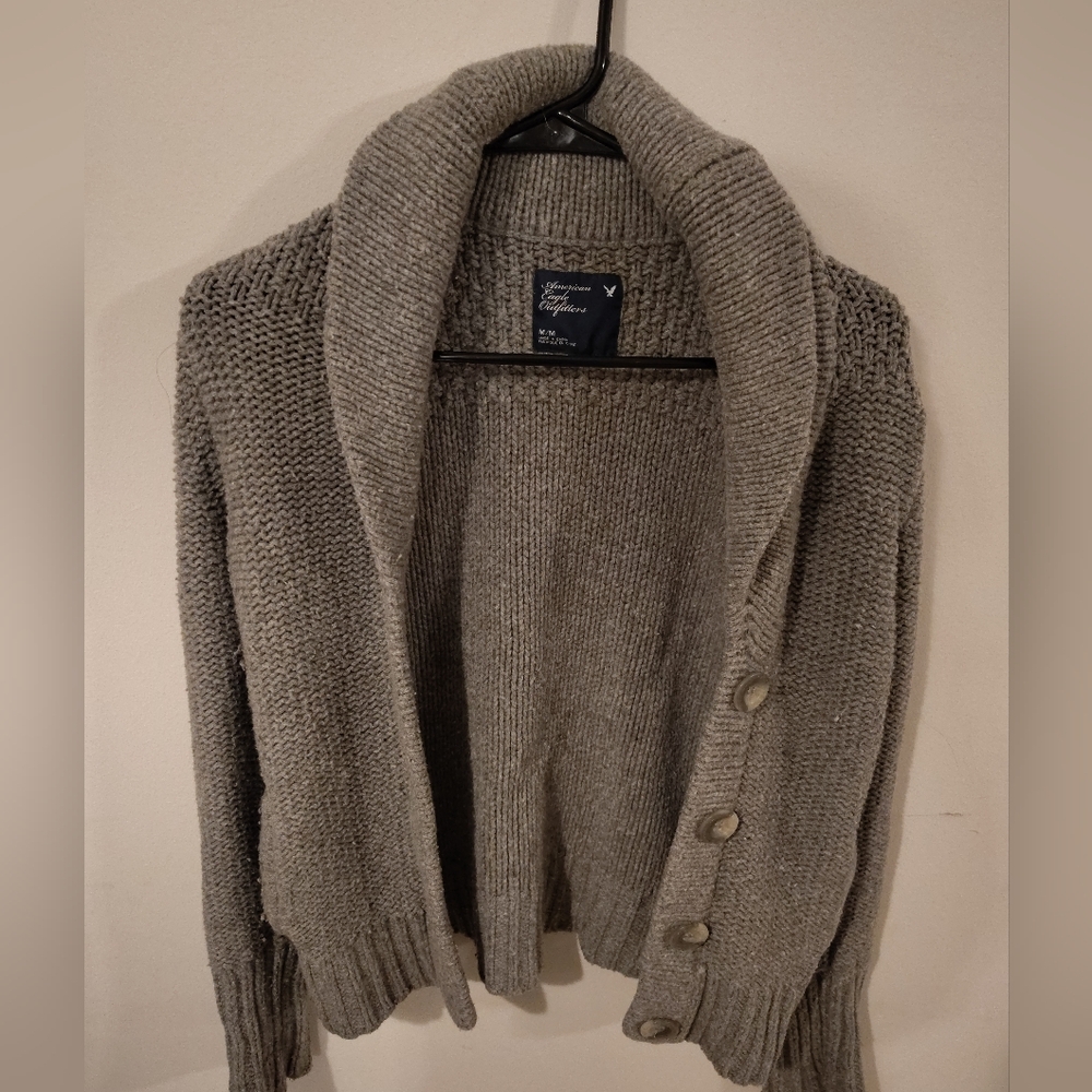 Gray Knit Cardigan with Shawl Collar